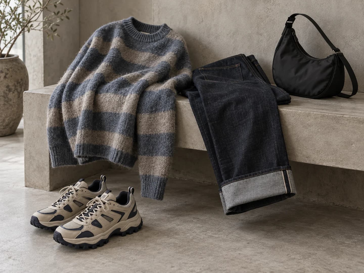 An outfit edit of striped knitwear, indigo denim, trail trainers and a nylon bag