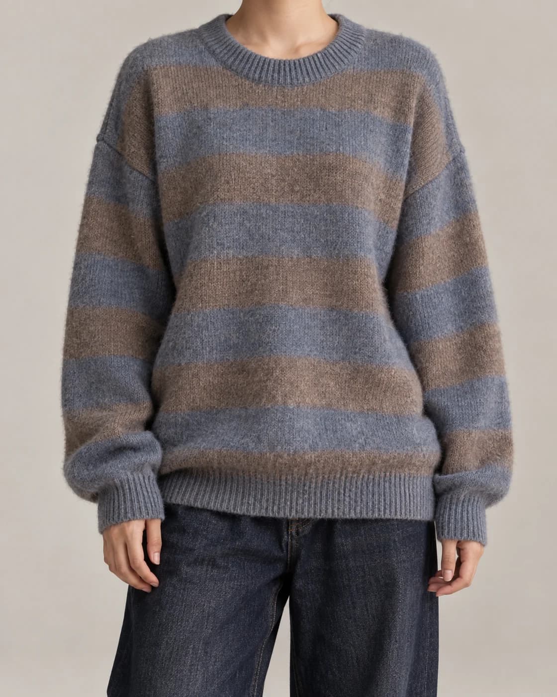 Oversized brushed knit in slate and taupe stripes