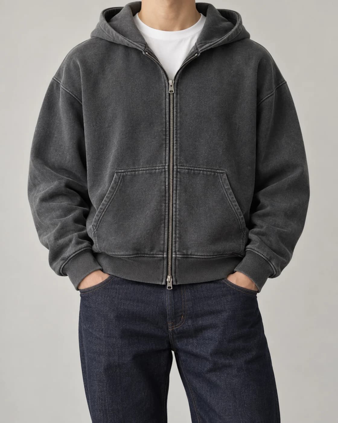 Washed Boxy Zip Hoodie in Charcoal