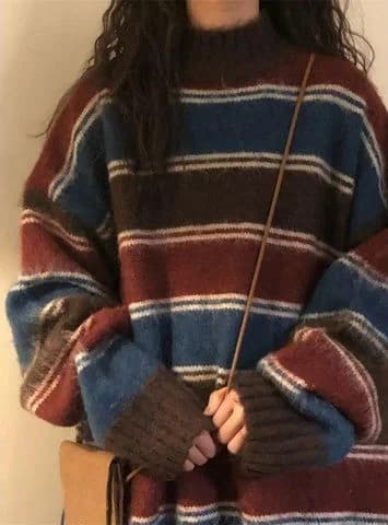 Wide-Stripe Crewneck Knit in Navy / rust