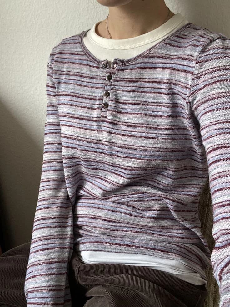 Fine-Stripe Henley Knit in Grey / lilac