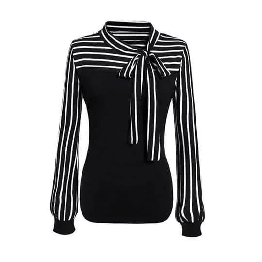 Tie-Neck Stripe Blouse in Black / white
