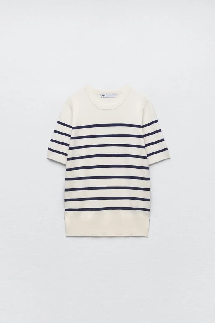 Short-Sleeve Stripe Knit in Cream / navy