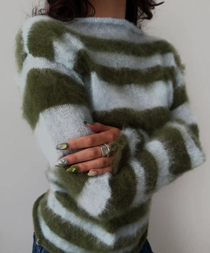 Brushed Stripe Jumper in Olive / ivory