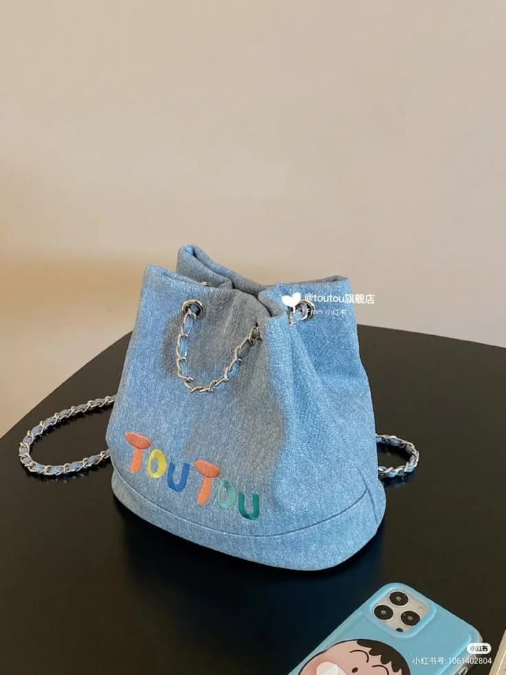 Drawstring Bucket Bag in Sky blue