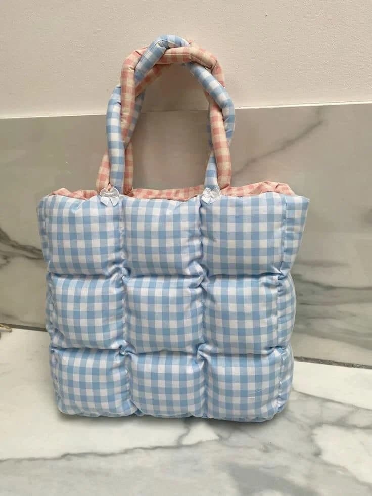 Padded Gingham Tote in Blue / white