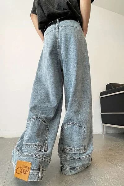 Deep-Cuff Wide Jeans in Light blue
